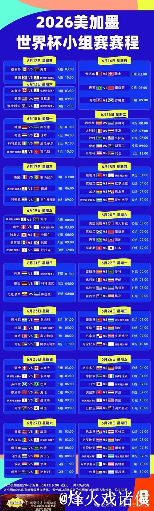 2026世界杯赛程表及高清直播时间安排